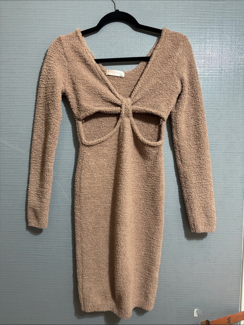 Beach Bunny Camel Knit Long-Sleeve Cutout Bodycon Dress